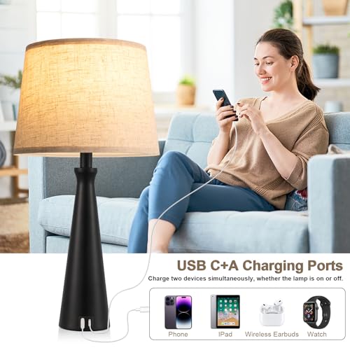 Seealle Modern Table Lamps Set of 2 - Touch Bedside Lamp for Nightstand with Dual USB C+A,3-Way Dimmable Nightstand Lamps for Living Room Bedroom End Table with Beige Shade(Bulb Included) - color: E. Black-Beige