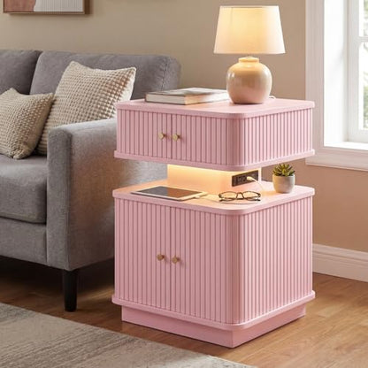 Nightstand with Charging Station, Modern Night Stand with Smart Led Light and 2 Small Sliding Door Cabinets, Curvy Edge, Bedside Table for Bedroom, Pink - color: Pink