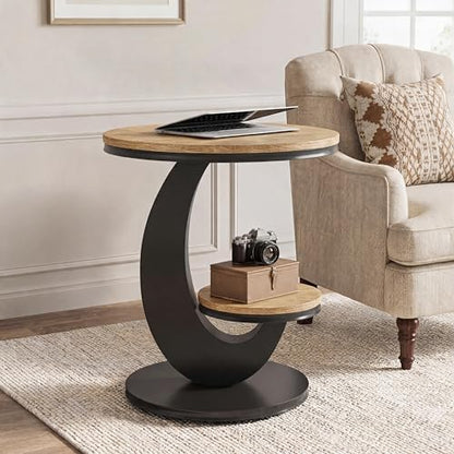 Tribesigns Round End Table with 2-Tier Shelf Storage,C Shaped Wood Side Table for Couch with Metal Frame,Modern Nightstand Accent Table for Living Room,Bedroom,Small Space (Light Brown) - color: Light Brown
