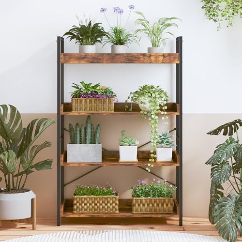 HCHQHS 4 Tier Bookshelf, Adjustable Industrial Bookcase, Vertical Tall Book Shelf, Wood and Black Metal Open Bookshelves for Home Office, Living Room, Bedroom - color: Rustic Brown, size: 4-Tier (31.5"W x 44"H)