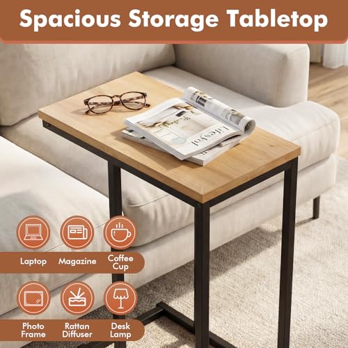 Giantex C-Shaped End Table, Set of 2 Small Sofa Couch Side Table that Slide Under with Metal Frame & Spacious Tabletop, Bedside Laptop TV Tray for Living Room Bedroom Small Spaces (Natural) - color: Natural