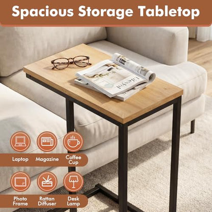 Giantex C-Shaped End Table, Set of 2 Small Sofa Couch Side Table that Slide Under with Metal Frame & Spacious Tabletop, Bedside Laptop TV Tray for Living Room Bedroom Small Spaces (Natural) - color: Natural