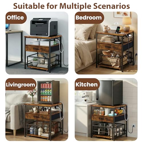 DreamDashio Mini Fridge Stand with Outlet & 3-Tier Rolling Cart, Switchable-Side Power Hub with Storage Drawer & Basket for Microwave, Beverage Cooler, Kitchen, Dorm & Office