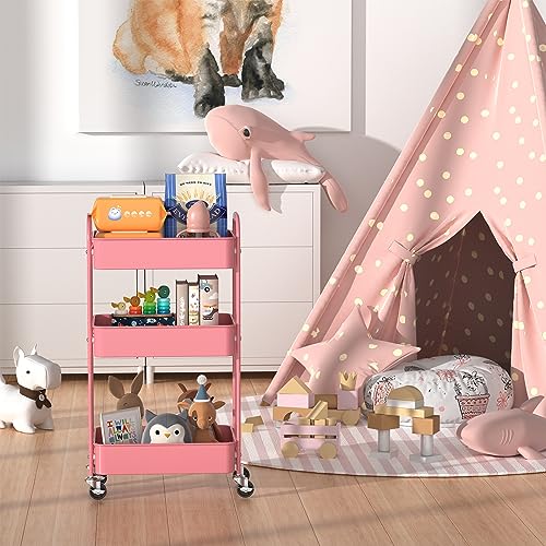 MAX Houser 3-Tier Rolling Utility Cart with Caster Wheels,Easy Assembly, for Kitchen, Bathroom (Pink) - color: Pink, size: 3-Tier Standard Cart