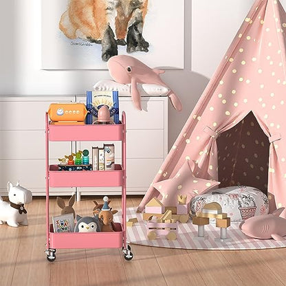 MAX Houser 3-Tier Rolling Utility Cart with Caster Wheels,Easy Assembly, for Kitchen, Bathroom (Pink) - color: Pink, size: 3-Tier Standard Cart