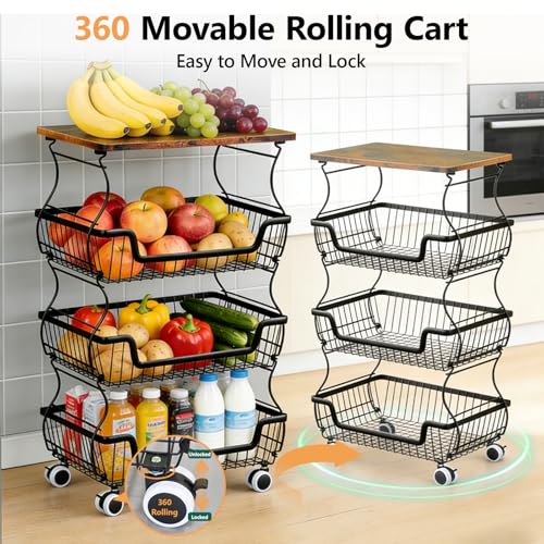 Utility Rolling Cart 4-Tier Metal Storage Organizer Cart with Wooden Top Snack Rack Pantry Cart with Wheels for Kitchen, Bathroom, Office, Bedroom, Living Room, Black - size: 4-Tier