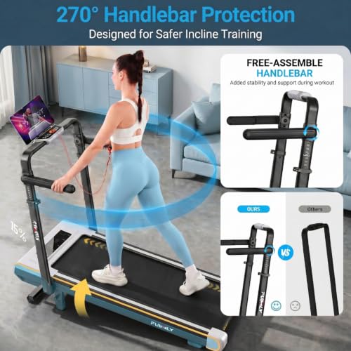 FUNMILY Upgrade Walking Pad Folding Treadmill with 12%/15% Incline & Handle Bar, 3.5HP Foldable Under Desk Compact Treadmills for Home/Office/Gym, 400+lb Capacity, Shock Absorption - color: Moon White