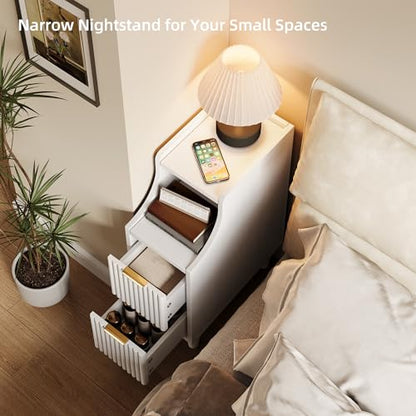 7.9" Narrow Fluted Nightstand Set of 2,Slim Side End Table with 2 Drawers,Black Modern Bedside Table,Skinny Night Stand for Small/Compact Space, Motorhome (White) - color: White