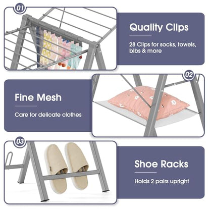 Clothes Drying Rack, 67.7" L Height Adjustable, Foldable, Grey | 1.5"Folded, No Assembly, Space-Saving, Spacious Design, Adjustable Wings, Clips, Mesh Shelf, Shoe Rack, Indoor & Outdoor Use - color: Gray