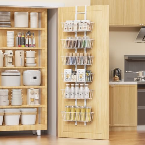 6 Tier Over the Door Pantry Organizer, Over the Door Spice Rack with Adjustable Baskets, Metal Hanging Door Pantry Organizers and Storage for Kitchen Bathroom Bedroom, White - color: White, size: 6-Tier