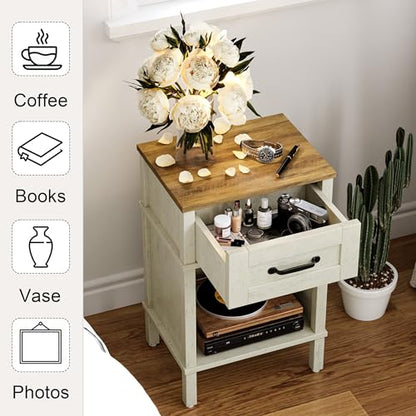 White Farmhouse Nightstands, Nightstand with Drawers, Small Bedside Table | Modern Bedroom Nightstand, Farmhouse End Table,White Wood Night Stand,Side Table Bedroom,End Table with Storage LET512WR - color: White and Rustic Brown