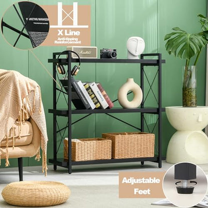 HCHQHS Bookshelf, 3-Tier Industrial Bookcase, Black Open Book Shelf, Freestanding Horizontal Bookshelves with Metal Frame - color: Ebony Black, size: 3-Tier (35.8"W x 35.8"H)