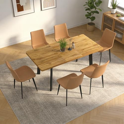 Extendable Dining Table Set for 4 to 8 People, 47.2" to 63" Modern Kitchen Table Set with 6 Leather Chairs, MDF Dining Room Table and Chairs with Removable Extension Leaf (Walnut Table+Brown Chairs) - color: 47.2'' - 63'' Walnut Table+6 Brown Chairs