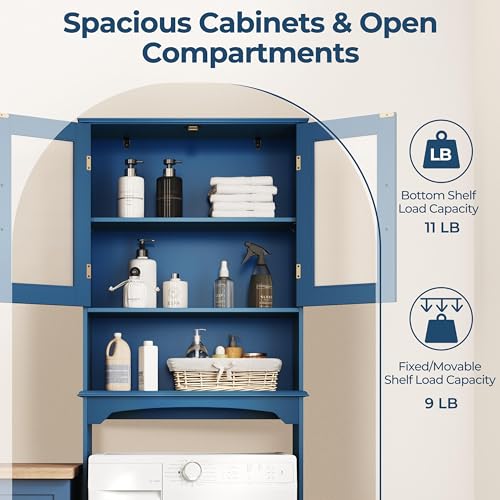 Yaheetech Over The Toilet Storage Cabinet, Free Standing Toilet Rack with Adjustable Shelves and Tempered Glass Doors for Bathroom Washroom, Navy Blue - color: Navy Blue