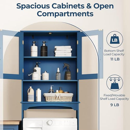 Yaheetech Over The Toilet Storage Cabinet, Free Standing Toilet Rack with Adjustable Shelves and Tempered Glass Doors for Bathroom Washroom, Navy Blue - color: Navy Blue
