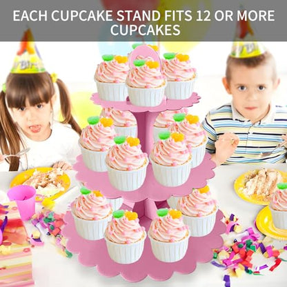 3-Tier Pink Cupcake Stand, Heart Handle Dessert Display Tower, Perfect for Girl Birthday Baby Shower Small Parties, Easy Assembly (1-Pack) ﻿ - color: Pink 1 Pack