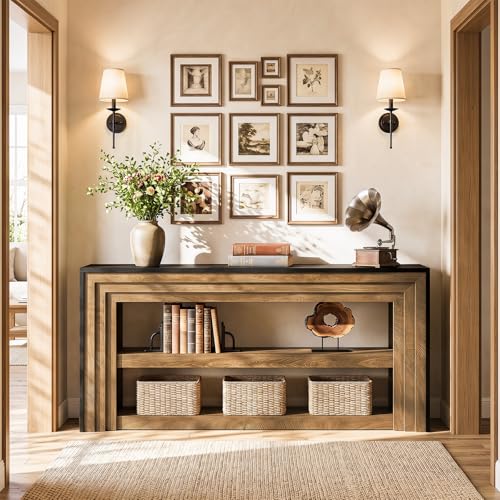 Tribesigns 63" Long Console Table, Farmhouse 3-Tier Entryway Table with Storage, Narrow Wooden Sofa Table Behind Couch, Living Room, Hallway, Foyer, Brown & Black