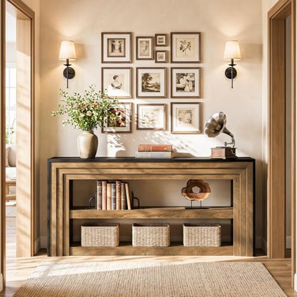 Tribesigns 63" Long Console Table, Farmhouse 3-Tier Entryway Table with Storage, Narrow Wooden Sofa Table Behind Couch, Living Room, Hallway, Foyer, Brown & Black
