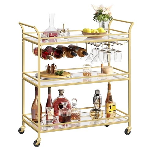 VASAGLE Bar Cart Gold, Large Home Bar Serving Cart with 3-Tier Mirrored Shelf, Wine Holders, Glass Holders, Kitchen, 15 x 33.9 x 35.4 Inches, Gold ULRC083A02 - color: Gold, size: 15"D x 33.9"W x 35.4"H