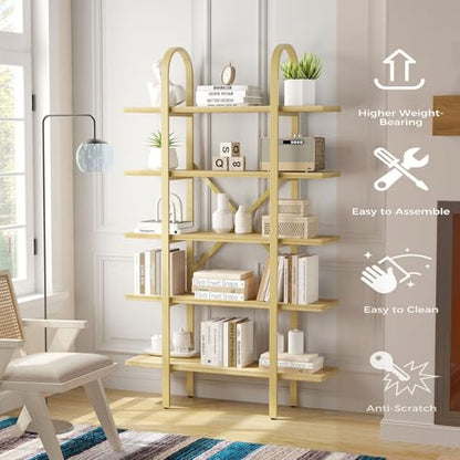 Wide Bookshelf Arched Bookcase, Industrial 5 Tier Open Book Shelves with Metal Frame, 72" Tall Freestanding Heavy Duty Display Rack for Home Office, Living Room,Nature Wood & Gold,Easy Assembly - color: Nature Wood & Gold, size: 5 Tier Arched Wide