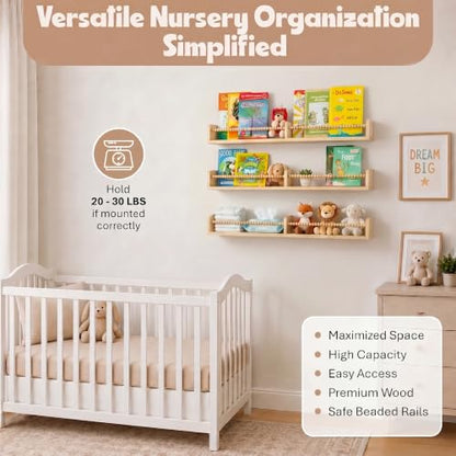 Nursery Book Shelves for Wall – Set of 3 Wooden Wall-Mounted Shelves, Premium Pine Wood, Rounded Edges, Nursery Bookshelf for Kids Room Decor, 31.5" x 3.9" x 3.7"