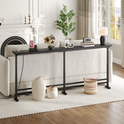 YATINEY 78.7" Console Table with Adjustable Height (27.6"-35.4") and Power Outlet, Skinny Behind Couch Table, Narrow Long Sofa Table for Living Room, Hallway, Entryway, Black CT09UBB - color: Black, size: 78.7"L x 5.9"W x 27.6-35.4"H