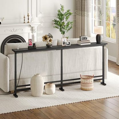 YATINEY 78.7" Console Table with Adjustable Height (27.6"-35.4") and Power Outlet, Skinny Behind Couch Table, Narrow Long Sofa Table for Living Room, Hallway, Entryway, Black CT09UBB - color: Black, size: 78.7"L x 5.9"W x 27.6-35.4"H