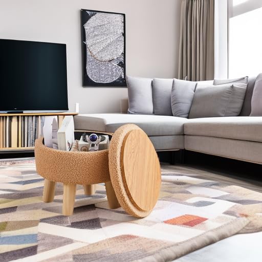 Wimarsbon Storage Ottoman, Modern Round Footrest with Soft Padded Seat, Teddy Velvet Footstool with Wood Legs, Accent Small Table or Plant Stand for Hallway, Living Room (Champagne) - color: Champagne