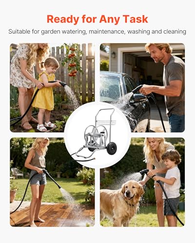 VEVOR Hose Reel Cart, 200/300ft High-Pressure Garden Hose Cart, Hoses Reel Carts with Two Wheels, Handle & Heavy-Duty Mesh Storage Basket, Dual-Purpose Portable Hoses Reels for Garden, Car, Pet - style: 2 in 1 - 200 ft