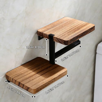 YIGII Toilet Paper Holder with Shelf - Self Adhesive Wooden Tissue Paper Roll Holder, Bathroom Wall Mounted Toilet Paper Roll Holder with Wipes Storage