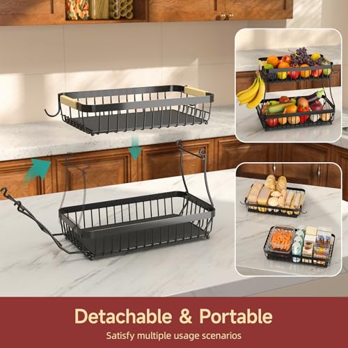 Sevenblue 3-Tier Fruit Basket with Banana Hangers, Detachable Metal Bowl | Wooden handle, protective mats included. Versatile holder for bread, snacks, and veggies. Large 3 tier metal design. - color: Silver, size: 3 Tier Standard