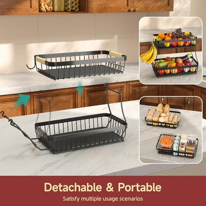 Sevenblue 2-Tier Fruit Basket with Banana Hangers, Detachable Metal Bowl | Wooden handle, protective mats included. Versatile holder for bread, snacks, and veggies. 2-Pack 2 tier metal design. - color: Black, size: 2-Pack