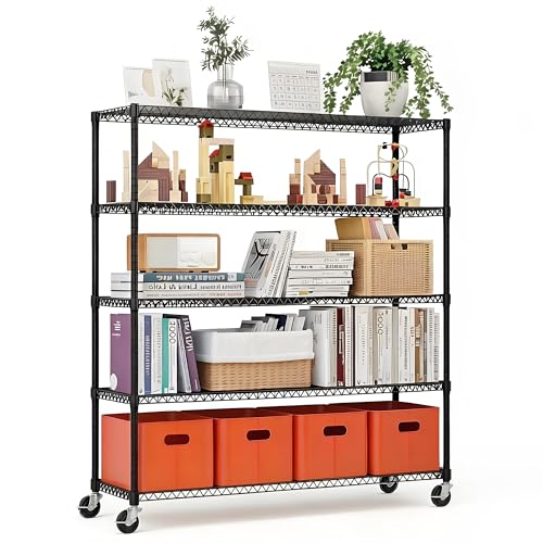 Xcity Storage Shelves, 5 Tier Heavy Duty Metal Shelving Unit with Wheels, 3000 LBS Adjustable Steel Wire Shelf for Commercial, Pantry, Kitchen, Garage, 24" D x 48" W x 72" H, Black - color: Black, size: 48"W x 24"D x 72"H, 5-Tier