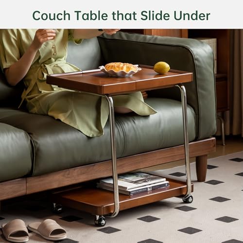 YESWOOD Adjustable C-Shaped Couch Table with Lockable Wheels – Rolling Small Space Side Table, Solid Wood End Table for Sofa, Bed & Living Room, (Teak,16.41" D x 24.4" W x 24.52" H) - color: Teak