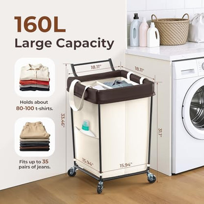 Mefirt 160L Laundry Hamper with Wheels and Handle, 2 Section Large Rolling Laundry Basket Bag with Wheels, Clothes Hamper Cart for Laundry, Bedroom, Bathroom and Dorm - color: Beige