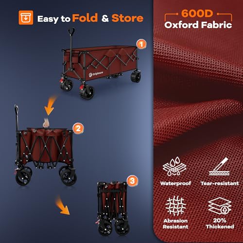Originsure 300L Collapsible Beach Wagon Cart with Big Wheels, 560lbs, Red | 48" Foldable Utility Wagon,7" All-Terrain Wheels,Heavy Duty Frame,Compact&Space-Saving,for Camping,Sports,Grocery,Garden - color: Red