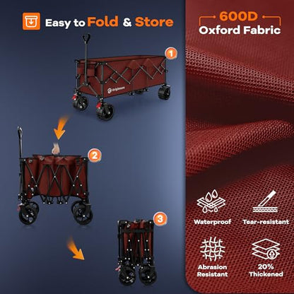 Originsure 300L Collapsible Beach Wagon Cart with Big Wheels, 560lbs, Red | 48" Foldable Utility Wagon,7" All-Terrain Wheels,Heavy Duty Frame,Compact&Space-Saving,for Camping,Sports,Grocery,Garden - color: Red