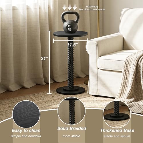 Small Drink Table, Round Pedestal Side Table, Martini Table for Small Spaces, Wooden End Table with Spiral Leg, Plant Stand Accent Table for Living Room, Bedroom, Bathroom, Easy Assembly, Black - color: Black