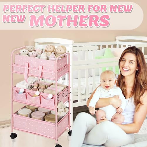 Yookeer 2in1 Baby Diaper Caddy Organizer Cart 3 Tier Large Capacity Metal Utility Bedside Rolling Cart with Divider Newborn Registry Gift Nursery Essential Must Have Bedroom Baby Shower(Pink,Star) - color: Pink, style: Star