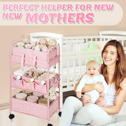 Yookeer 2in1 Baby Diaper Caddy Organizer Cart 3 Tier Large Capacity Metal Utility Bedside Rolling Cart with Divider Newborn Registry Gift Nursery Essential Must Have Bedroom Baby Shower(Pink,Star) - color: Pink, style: Star