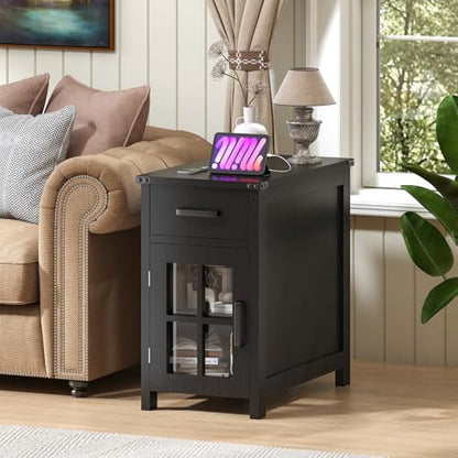 VVFLU Farmhouse End Table with Charging Station and 1 Storage Cabinet, 1 Drawer, Black Wood Nightstand Narrow, Skinny Side Table, Slim Bedside Table, Small Nightstand for Bedroom, Living Room, Sofa - color: Black/Glass