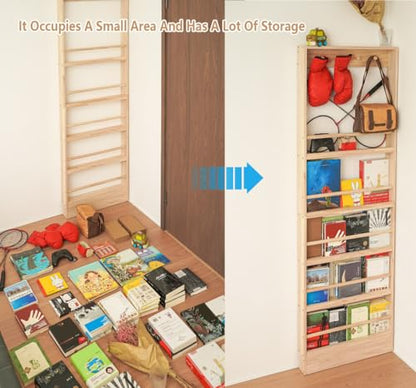 Wooden Kids Bookshelf, Wall Mount Shelf with Hooks, Organizer for Toys and Books, Space-Saving