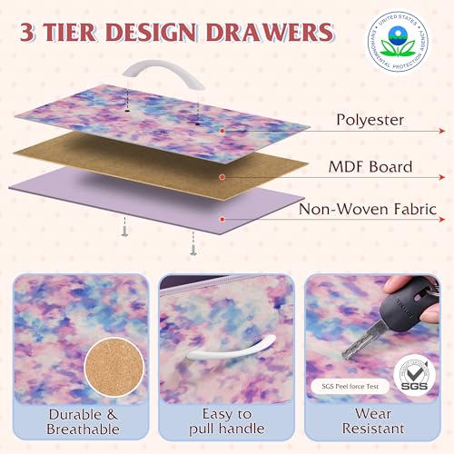 WLIVE Dresser TV Stand for 45, 50, 55 inch TV, Entertainment Center with LED Lights & Charging Station, Chest of Drawers with 8 Fabric Drawers for Living Room, Tie-dye Print (Pink, Purple, Blue) - color: Tie-dye Purple Print