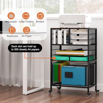 EasyPAG Rolling Cart with Storage Drawer, Under Desk Filling Cabinet with Mail Sorter, Pull Out Hanging File Rack for Letter Size Folders, Mobile Utility Craft Cart for Home Office, Black - size: Flexible Slots+1 Drawer