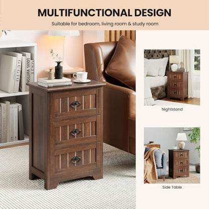 Giantex Nightstand with 3 Drawers, Bedside Table with Exquisite Metal Handles, Accent Table Sofa Side Table with Anti-toppling Device for Bedroom, Study, Walnut - color: Walnut