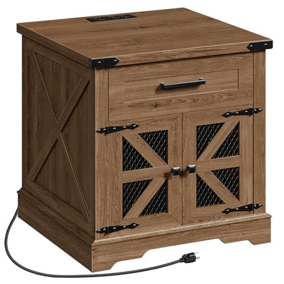 RALGEND Walnut Farmhouse End Table with Charging Station, 24" Large Sofa Side Table with Drawer, Large End Table for Living Room, Wooden Nightstand with Outlet, Square, Walnut - color: Walnut