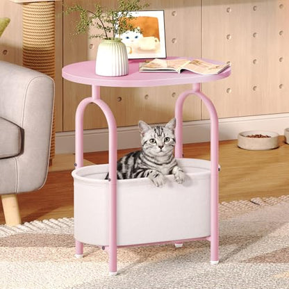 RALGEND Small Round Side Table with Fabric Basket Storage, Oval End Table for Small Spaces, Modern Coffee Bedside Table, Couch Side Table for Living Room, 15.7" X 11.8" X 24", Pink and White 8601BZPK - color: Pink