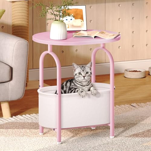 RALGEND Small Round Side Table with Fabric Basket Storage, Oval End Table for Small Spaces, Modern Coffee Bedside Table, Couch Side Table for Living Room, 15.7" X 11.8" X 24", Pink and White 8601BZPK - color: Pink