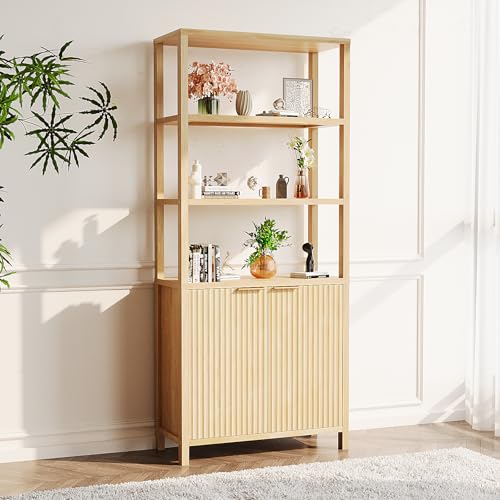 VINGLI Bookcase with Fluted Doors, 71" Wood Storage Cabinet with Adjustable Shelves, 6-Tier Display Cabinet Bookshelf for Study, Living Room, Home Office, Kitchen Pantry, Oak - color: Nature Oak