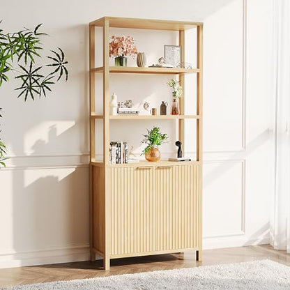 VINGLI Bookcase with Fluted Doors, 71" Wood Storage Cabinet with Adjustable Shelves, 6-Tier Display Cabinet Bookshelf for Study, Living Room, Home Office, Kitchen Pantry, Oak - color: Nature Oak
